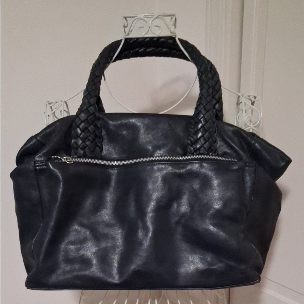 Falor's Women's Black Braided-Handle Leather Tote Bag